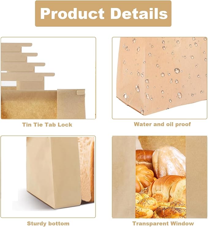 100 Pack Reusable Bread Bags with Tin Strip, Large Bakery Bags with Window, Beige, Kraft Paper with Polyethylene interior, Twist Tie Closure, Ideal for Homemade Bread, Sourdough, and More