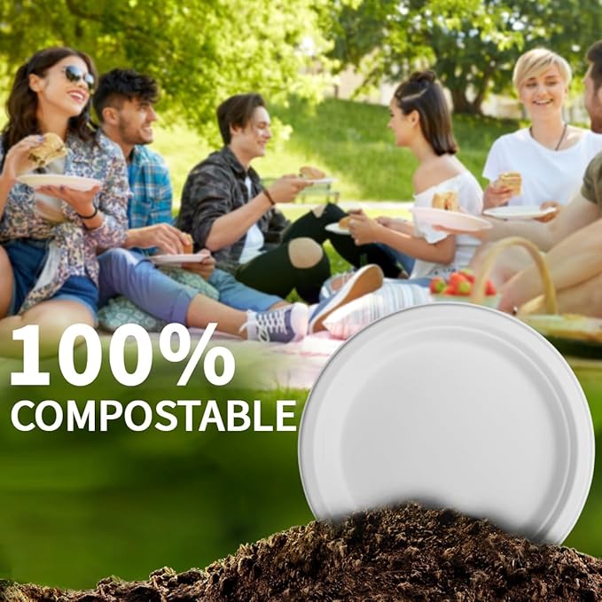 7 Inch Compostable Paper Plates ?륹hite 150 Pack?? 100% Sugarcane Bagasse Small Dessert Plates, Bulk Disposable Plates, Sturdy Heavy Duty, Biodegradable Dinnerware for Party, Picnic, BBQ