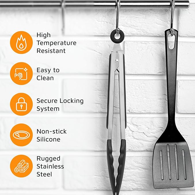 Popco 3-Piece Kitchen Tongs Set ??Stainless Steel Heat Resistant Silicone Tips, Strong Comfort Grip, 3 Sizes (7, 9, 12 Inch), Non-Scratch, Dishwasher Safe, for Cooking, BBQ, Salad