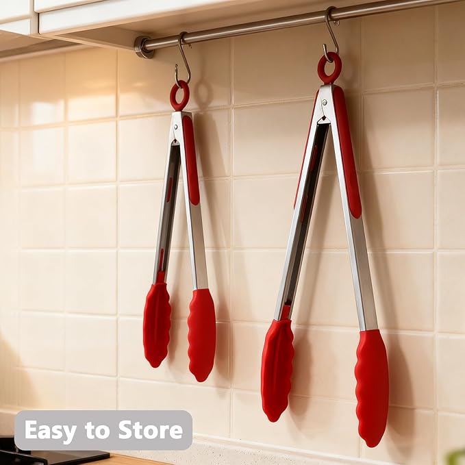 Kitchen Silicone Tongs for Cooking with Non-Slip Silicone Tips, 600째F Heat Resistant Cooking Food Tong Set Heavy Duty Stainless Steel Handle for Baking Grilling BBQ Serving, 2 Pack (9" & 12")