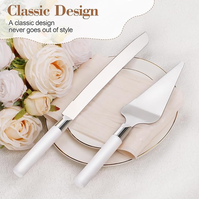 Cake Cutting Set for Wedding, Wood Cake Knife and Server Set, Vintage 2-Piece Pie Cake Cutter, White Pizza Dessert Utensils Bridal Anniversary Birthday Quincea챰era Gift (White)