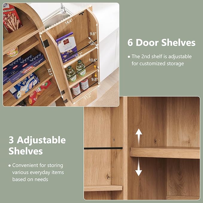 71" Tall Arched Bookcase with Doors, Morden Fluted Bookshelf with Storage & 3 Adjustable Shelves, 6 Door Shelves, Wooden Floor Standing Versatile Cupboard for Home Office, Living Room, Natural