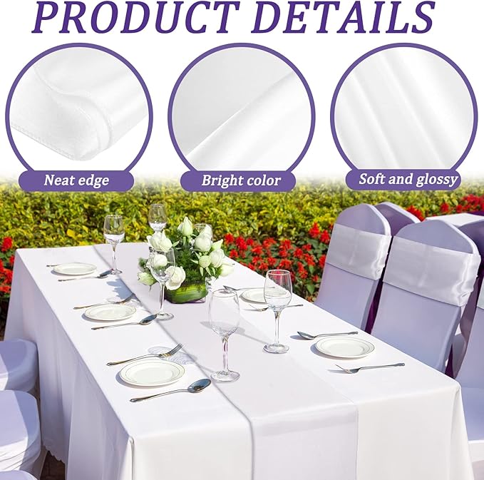 Bencailor 24 Pcs White Satin Table Runner Bulk 12 x 108 Inches Long Table Runners Bright Smooth Fabric Tablecloth for Wedding Banquet Birthday Valentines St Patrick's Day Party Decorations