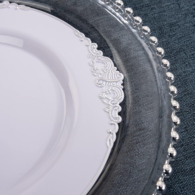 Hioasis 100pcs White Silver Plastic Plates for Party - 7.5" Dinner Plates Disposable, Heavy -duty, Classy and Elegant for New Year