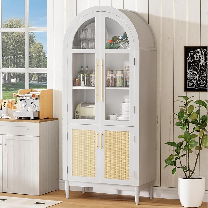 71?쒪rched Kitchen Pantry Cabinet, Stylish Arched Bookcase & Multi-Use Storage Cabinet with Glass & Rattan Doors, Ideal as Kitchen Pantry, Living Room Display, or Entryway Organizer ??White