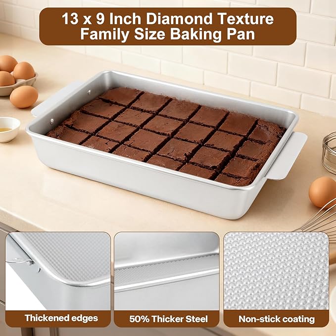 Logario 9x13 Baking Pan, Commercial Grade Heavy-Gauge Aluminized Steel (2.3 lbs), Warp-Resistant Textured Nonstick Cake Sheet for Brownies & Lasagna, Wire-Reinforced Rim, Silver