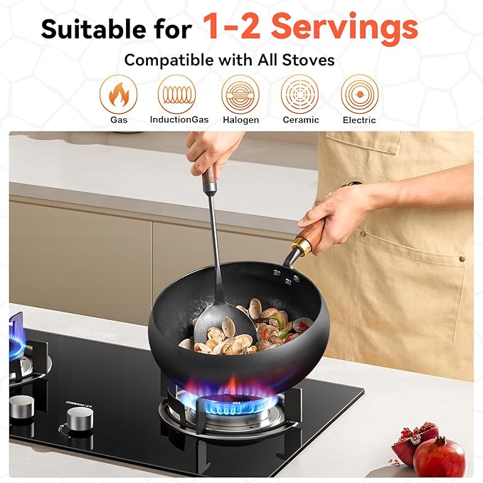 WANGYUANJI Wrought Iron Flat Bottom Wok with Glass Lid ??Detachable Wooden Handle, Non-Coated Naturally Nonstick Frying Pan for Gas, Electric & Induction Stoves (Black Deep-Bowl Wok, 9.5 inch)