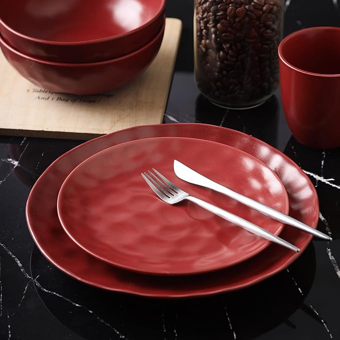 Stone Lain Sam Porcelain16 Piece Dinnerware Set, Home Kitchen Dish Set with Dinner Plates, Salad Plates, Bowls, & Mugs - Service for 4, Red
