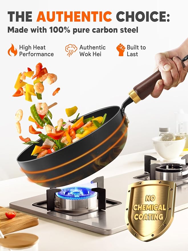 Carbon Steel Wok, 9.5" Deep Frying Pan With Lid, Flat Bottom Small Wok, 3-Qt. Saute Pan, Authentic Chinese Stir-Fry Pans with Glass Lid