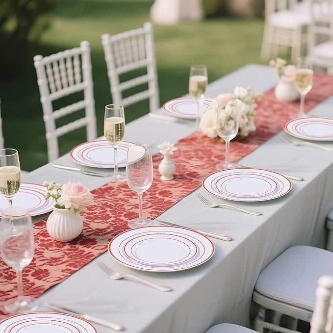 U-QE 100pcs Glitter Red Plastic Plates for Party - White and Red Plates Disposable - Nice Disposable Plates Include 50 10" Dinner and 50 7" Dessert Plate, Perfect for Party, Wedding & Special Moments