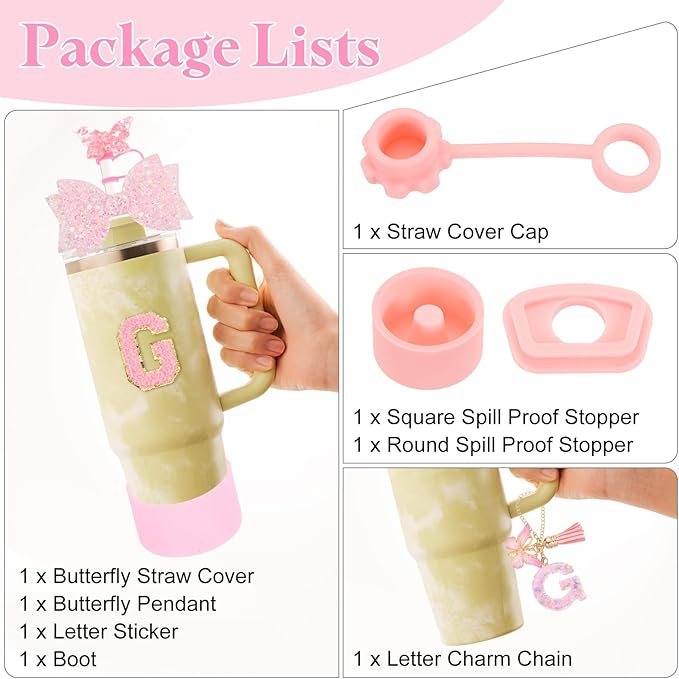 uxcell 8Pcs Cup Accessories Set for Cup Tumbler with Handle, Including Silicone Straw Cover, Boot, Spill Proof Stopper, Handle Charm, Initials Sticker(Letter G, Pink)