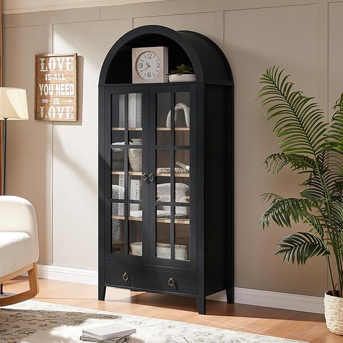 71" Tall Arched Cabinet, Modern Farmhouse Wooden Display Cabinet with Drawer and Glass Doors, 6 Tier Bookshelf w/Adjustable Shelves for Living Room, Office, Black