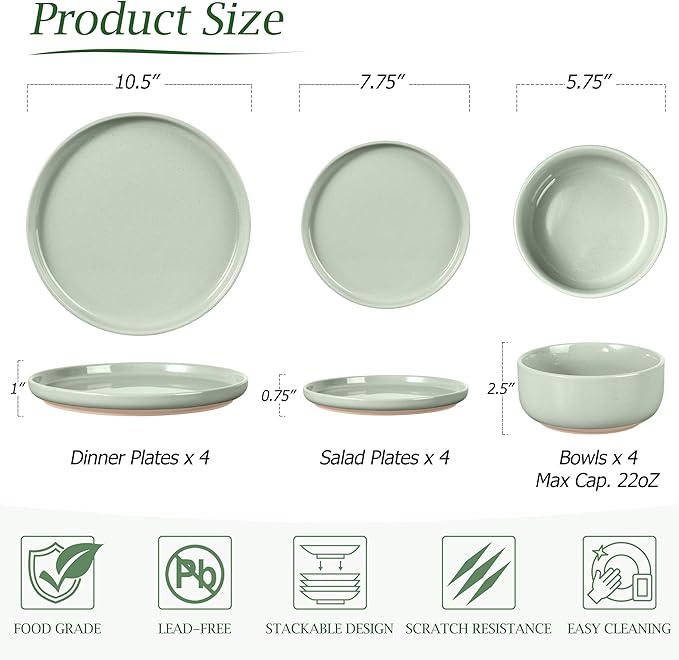 LIANYU Porcelain Dinnerware Set for 4, 12 PC Stoneware Dinner Plates and Bowls, Ceramic Dining Dishes Set for Dessert Salad Pasta, Microwave & Dishwasher Safe, Fog Green