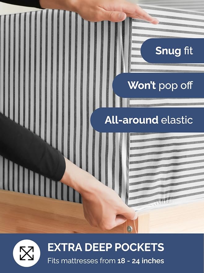 Extra Deep Pocket Twin XL Sheets - 3 Piece Breathable & Cooling Bed Sheets - Hotel Luxury Bed Sheet Set - Soft, Wrinkle Free & Comfy - Easily Fits Extra Deep Mattresses - Grey Striped Sheets Set