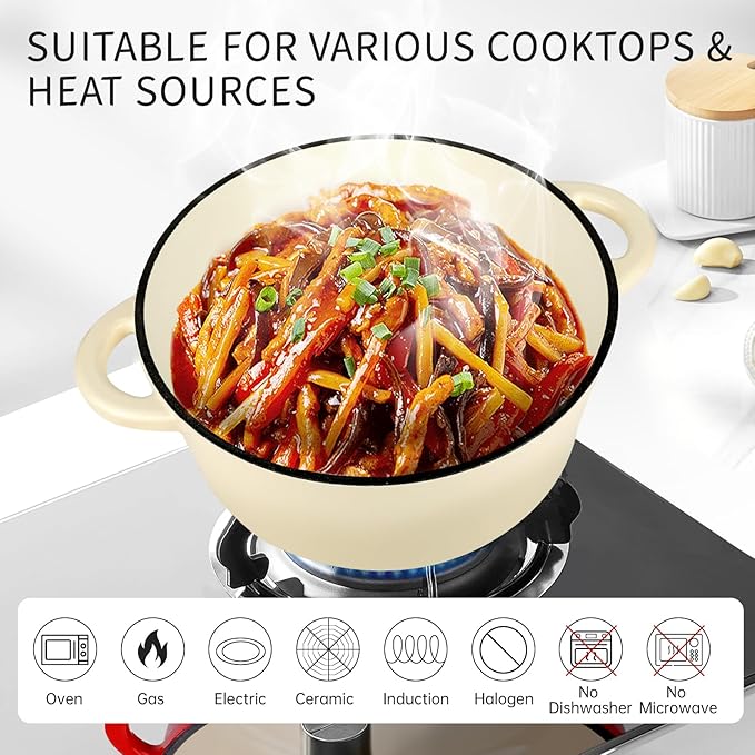 6 Quart Enameled Cast Iron Dutch Oven Pot with Lid and Silicone Accessories, Oven Safe up to 500째F or on Stovetop, Non-stick Dutch Oven for Bread Baking, Cooking, Dual Handles Cookware, Beige