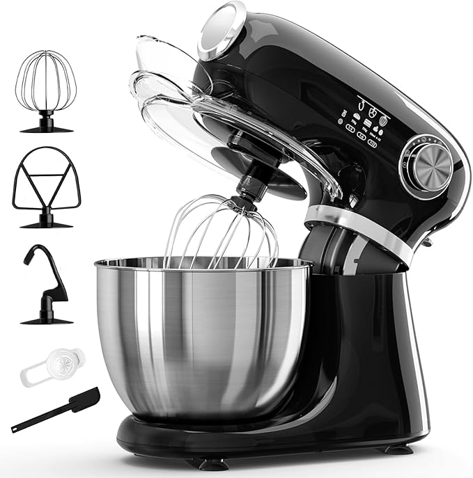 Kismile 5.5QT Tilt-Head Stand Mixer, 12-Speed Electric Kitchen Mixer with 304 Stainless Steel Bowl - Includes Dough Hook, Whisk, Beater for Baking Bread, Cakes, Cookies（Black）