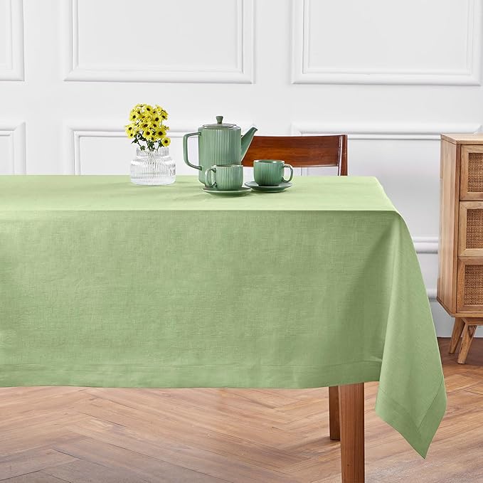 Solino Home Linen Tablecloth 52 x 52 Inch - 100% Pure Linen Laurel Green Square Tablecloth - Fete, Machine Washable Table Throw for Spring, Easter, St Patricks Day