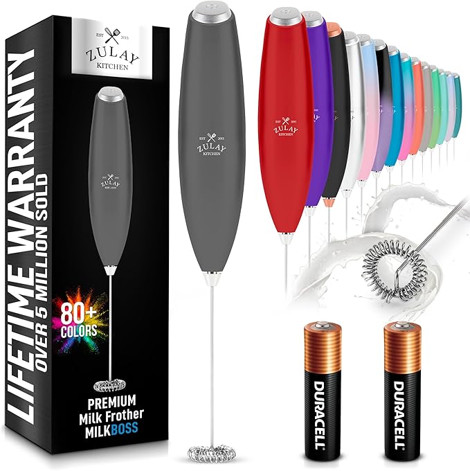 Zulay Kitchen Milk Frother Handheld Electric Whisk with AA Duracell Batteries ??Durable Drink Mixer for Coffee, Lattes, Cappuccinos & More - Charcoal