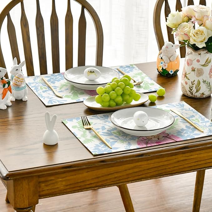 Artoid Mode Pink Bunny Leaves Bow Easter Placemats Set of 4, 12x18 Inch Spring Table Mats for Outdoor Home Party Kitchen Dining Decor
