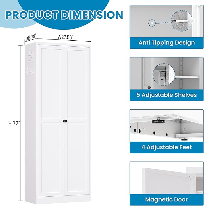 72" H White Steel Pantry Storage Cabinet with 5 Adjustable Shelves, 6-Tier Tall Metal Cabinets for Kitchen, Living Room, Garage, Heavy Duty Freestanding Utility Cabinet, Assembly Require