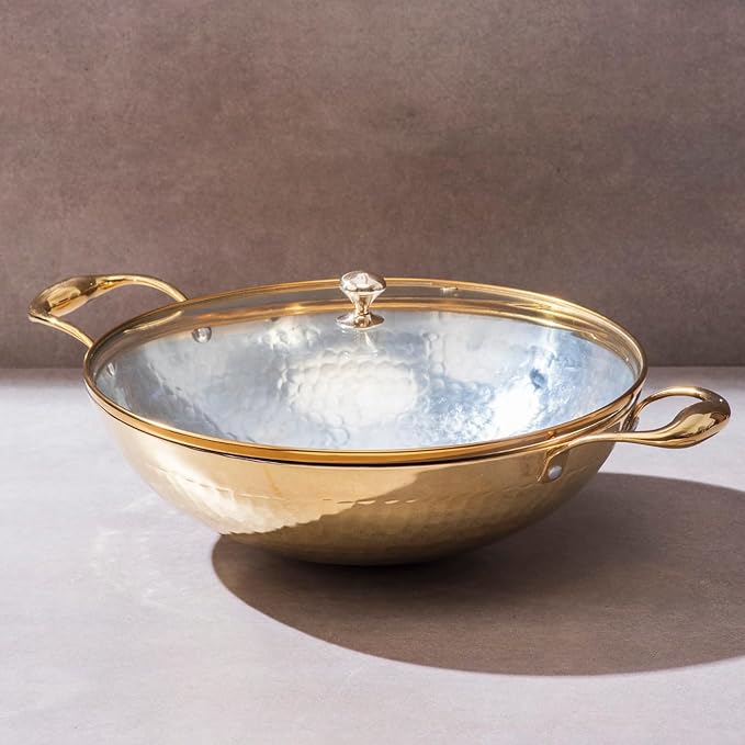 P-TAL Brass Kadhai 3L with Insulated Heat-Resistant Handle and Glass Lid | 100% Pure Brass Tin Coated Kadai for Cooking | Non-Stick and Chemical-Free (Free 30ml Copper & Brass Cleaning Solution)