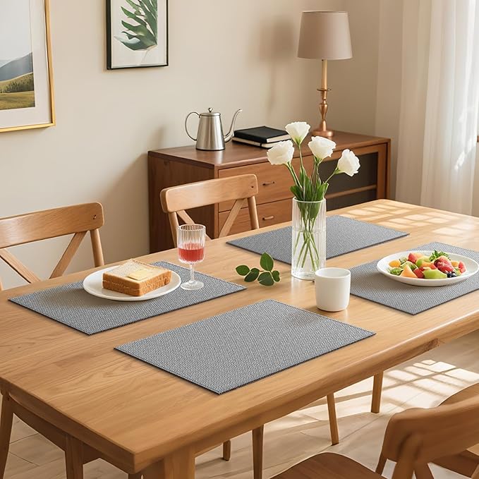 Blue Forest Placemats Set of 8, Dual-Layered Thickened Faux Linen Table Mats Heat Resistant Machine Washable Wrinkle Free Place Mats for Kitchen Dining Outdoor/Indoor (Light Grey)