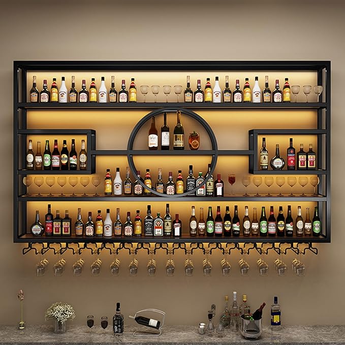 Wall Mounted Wine Rack, Modern Industrial Hanging Liquor Bottles Shelves with Wine Glass Holder, Metal Floating Wine Storage Display Shelf, for Bar, Kitchen, Wine Cellar (Gold, 140cm/55.1in)