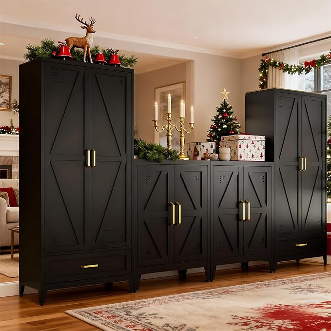71" Black Kitchen Pantry Cabinet,4-Tier Tall Metal Storage Cabinet with Drawer,Freestanding Display Steel Cupboard for Dining Room,Living Room,Hallway,Bathroom
