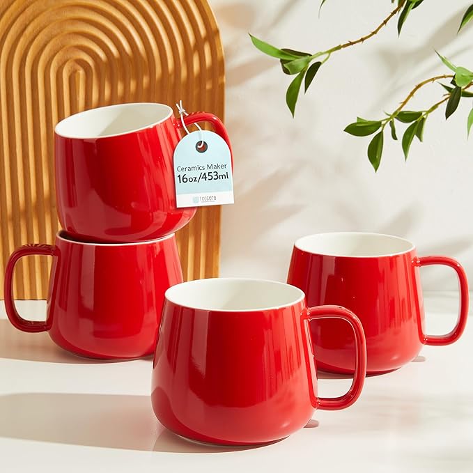 Teocera 16oz Ceramic Coffee Mugs Set of 4 ??Stackable Latte Cups, Microwave, Dishwasher & Oven Safe ??Ideal for Coffee, Cappuccino, Hot Chocolate, Housewarming Gifts, Red