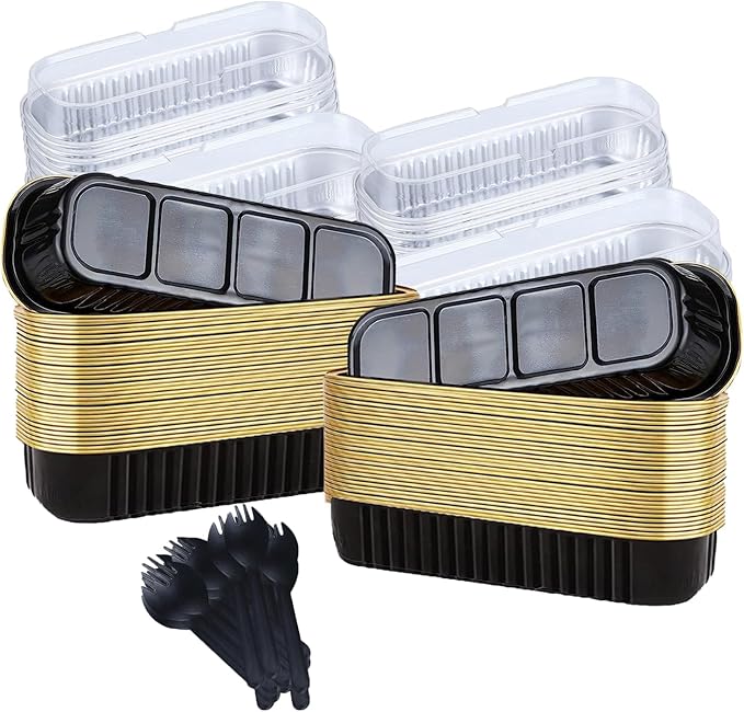 Fodofodo 20PCS Rectangle Mini Loaf Pans With Lids,Mini Cake Pans with Lids,Disposable Ramekins Baking Cups Muffin Tins Cupcake Cups For Wedding Birthday Party,6.8oz（Black Gold）
