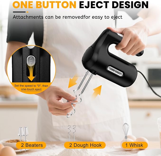 Lord Eagle 5-Speed Hand Mixer Electric Heldhand With Bowls Set, 300W Compact Mixer for Baking, Stainless Steel Mxing Bowl Measuring Cups Spoons, Black