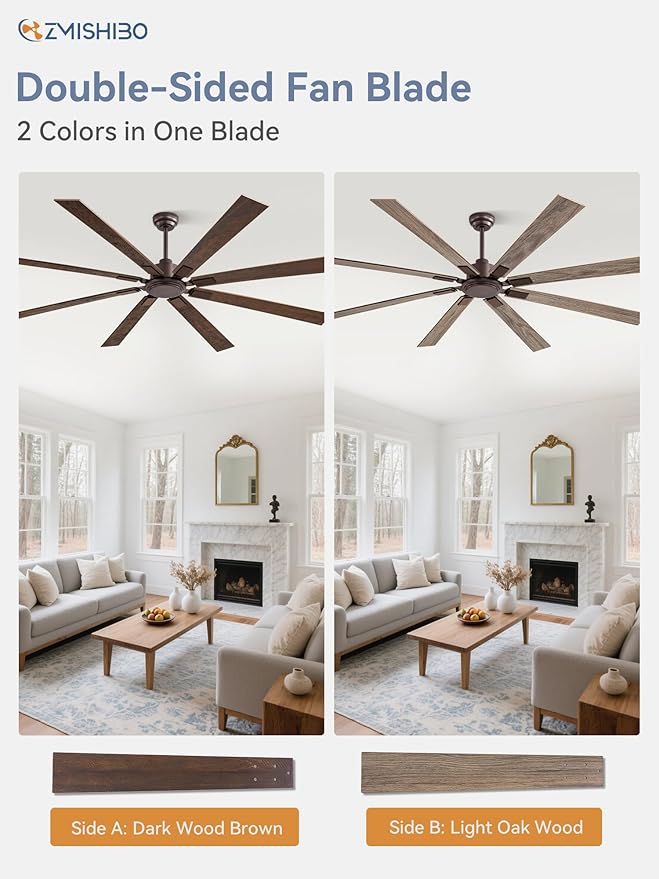 ZMISHIBO 80 Inch Ceiling Fan No Light with Remote Control, 8 Blades Quiet DC Reversible Motor, 6-Speed, Timer, Oil Rubbed Bronze Finish, Indoor Outdoor Ceiling Fans for Patios, Living Room, Garage