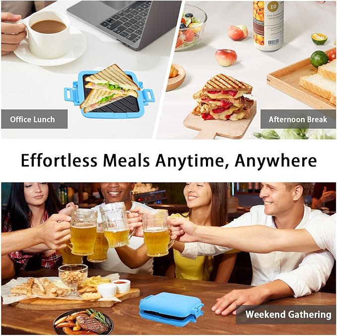 Microwave Sandwich Maker, Heat-Resistant Silicone Rubber Shell, Advanced HeatWave Technology, Non-Stick Plates, Easy to Clean, Makes Toast, Sandwiches, Paninis, Patties(Blue)