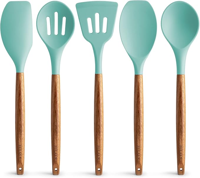 Zulay Kitchen Non-Stick Cooking Utensils Set with Authentic Acacia Wood Handles ??5-Piece Durable & Stylish Silicone Kitchen Utensils Set ??Heat Resistant to 464째F ??Aqua