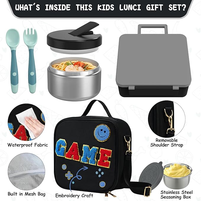 Aimsnk Kids Bento Lunch Box with 8oz Soup Thermo, Kids Leakproof Lunch Food Containers with 4 Compartment,Insulated Hot Food Jar with Lunch Bag for School, Travel (Black)