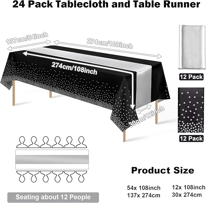 24Pack Disposable Plastic Tablecloths and Satin Table Runner Set Black and Silver Dot Tablecloth Silver Satin Table Runner for Wedding Birthday Baby Shower Anniversary Christmas New Year Party Supply