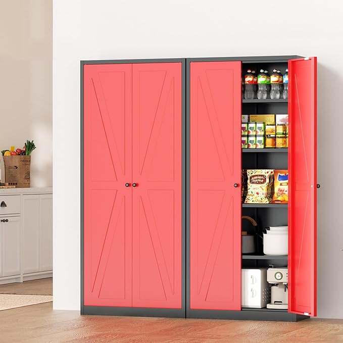 INTERGRAET 63" H Pantry Cabinet, Kitchen Pantry Storage Cabinets with 2 Doors and 4 Shelves, Black Red Metal Storage Cabinet,Cupboard for Home,Kitchen,Living Room/Dining