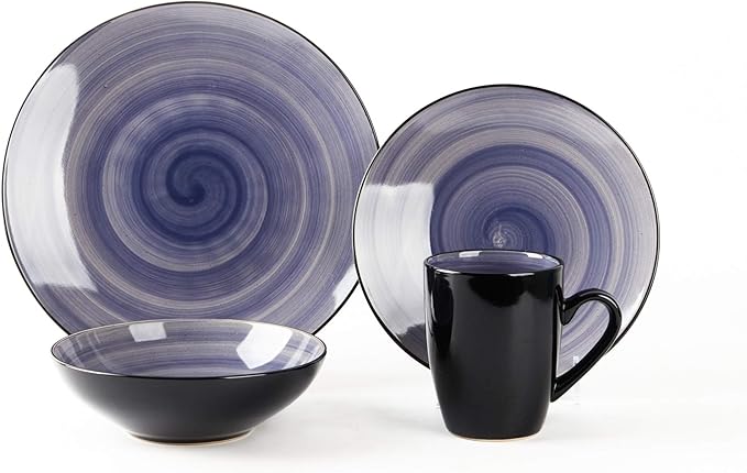 16-Piece Dinnerware Set - Serves 4, Black and Speckled Purple Plates & Bowls Set | Microwave & Dishwasher Safe Mix Cobalt, Mocha, Rose, Spice