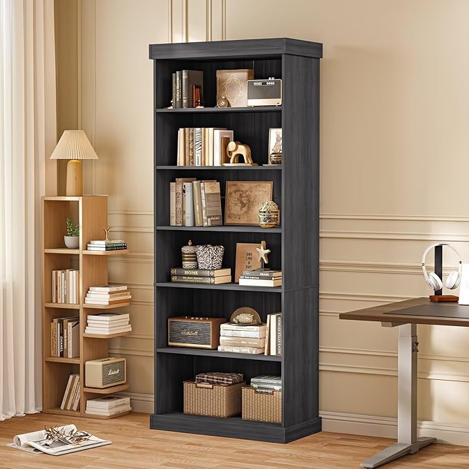 Vyre 70.8" Tall Farmhouse Bookshelf with Glass Doors, Modular Bookcase with 6-Tier Adjustable Shelves, Large Storage Cabinet for Kitchen, Living Room, Black, Set of 4