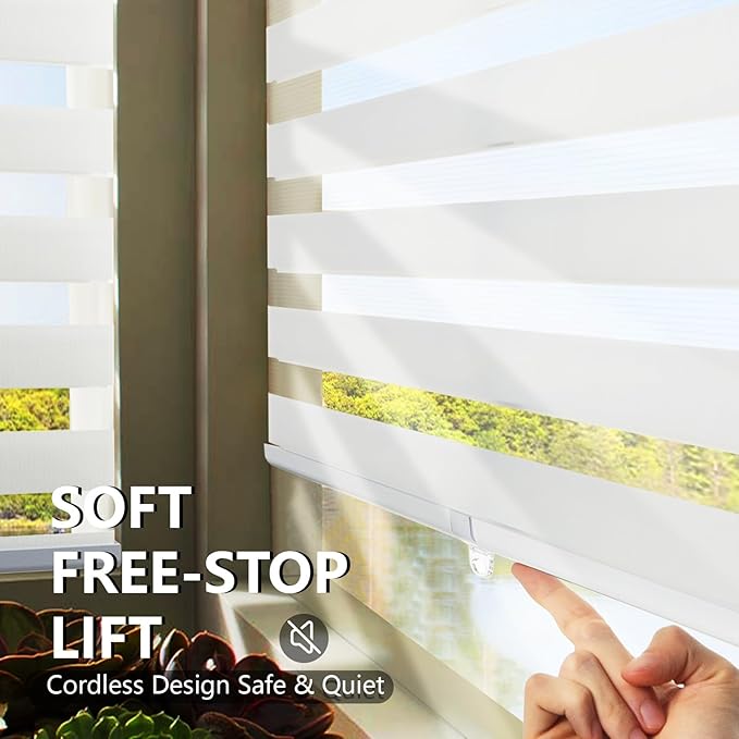 Lcotanis Zebra Blinds for Windows, 2 Pack Roller Window Shades, Blackout Blinds for Windows, Cordless Dual Layer Roll Up Blind Control for Day and Night, 71" W X 72" H, White