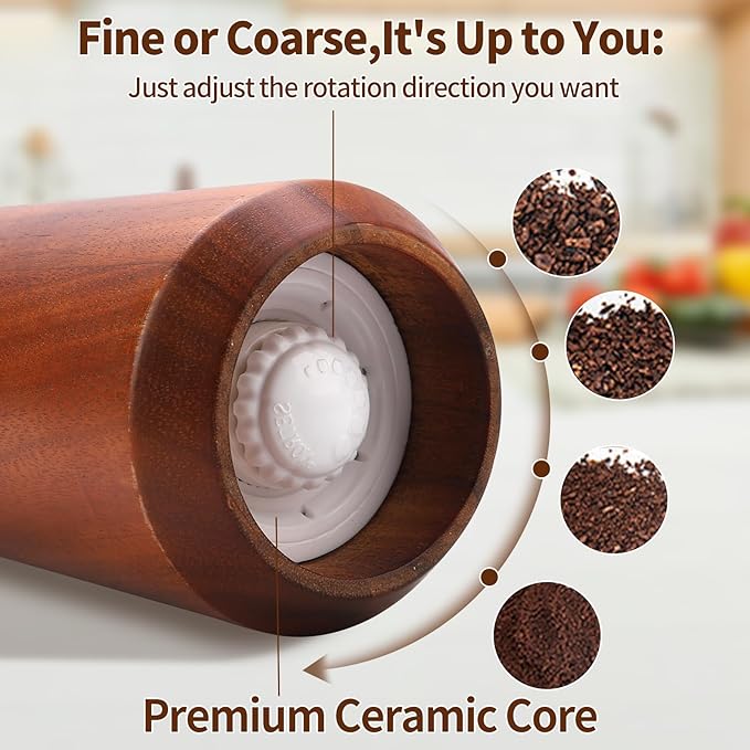 Wooden Pepper Grinder,Pepper Mill Wood 10In?밪alt Grinder Refillable,Pepper Grinder Manual Adjustable Ceramic Rotor,Easy Refill,Salt and Pepper Shakers with Coarseness Control 1-Pack