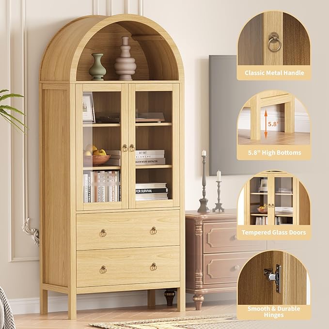 CuisinSmart 71" Display Arched Storage Cabinet, Kitchen Pantry with Tempered Glass Doors, 2 Large Drawers and Adjustable Shelves, Arched Bookshelf Cabinet for Dining Room Kitchen Office- Natural