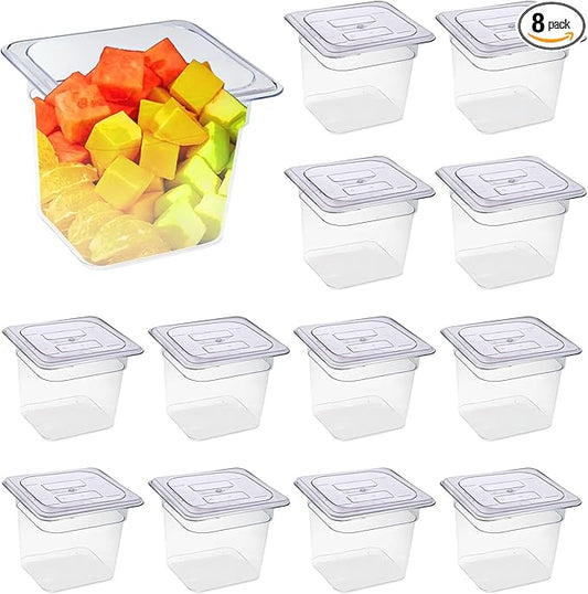 8 Packs Plastic Food Pan with Lids Clear Food Storage Containers 1/6 Size 6 Inch Deep Restaurant Commercial Hotel Pans Stackable Polycarbonate Pan for Vegetables Fruits Beans Corns