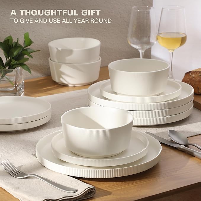 Gibson Home Dempsey Road 12-Piece Stoneware Dinnerware Set ??Service for 4, Round White Plates and Bowls, Durable Solid Color Modern Embossed Dish Set, Microwave & Dishwasher Safe