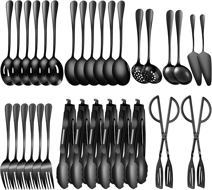 32Pcs Serving Utensils Set Serving Spoons, Buffet Tongs, Cake Spatula, Forks, Perforated Ladles, Soup Scoops, Skimmers and Black Heavy-Duty Serving Tongs (Black)