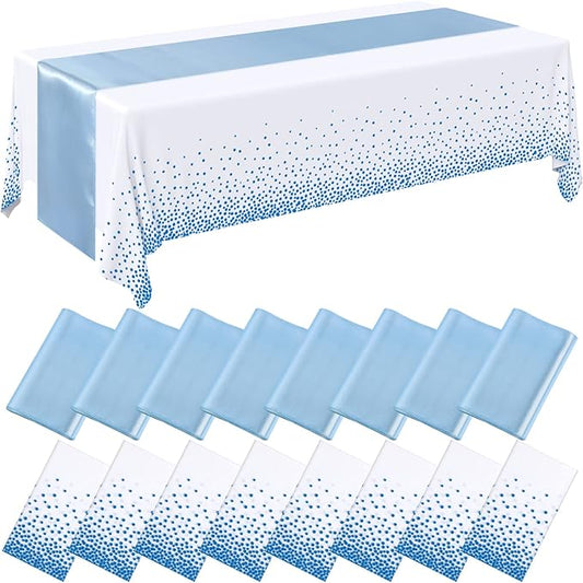 Tudomro 16 Pcs White and Light Blue Disposable Plastic Tablecloths and Satin Table Runner Set 54x108 Inch Tablecloth 12x108 Inch Table Runners for New Year Wedding Birthday Baby Shower Graduation