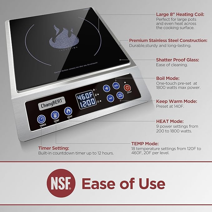 ChangBERT Portable Induction Cooktop Enhanced Version, One-Click Max Power 1800W Large Heating Coil Burner, Precise Temperature Control, NSF Certified, Low Noise Hot Plate for Home & Commercial
