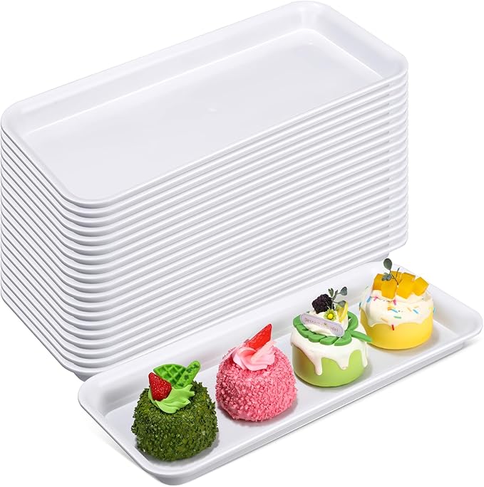 20 Pcs Serving Platters 14 x 6 Inch Rectangle Serving Trays Reusable Food Tray Dishes Dessert Trays Plastic Plates for Wedding Home Table Thanksgiving Christmas Party(White)