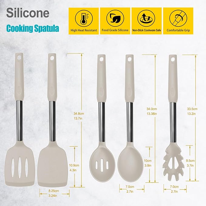 Silicone Spatula and Cooking Spoon,5 Pack Non-Stick Cooking Utensils for Kitchen竊똇eat Resistant Solid & Slotted Spoons and Spatulas, Stainless Steel Handle Coated with Silicone, Khaki