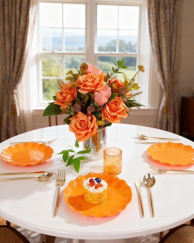 LIYH 20 Pcs 7.5 Inch Orange Plastic Plates Reusable - Unbreakable Dessert Scalloped Plates-Dishwasher Safe for Halloween & Thanksgiving Party BPA Free